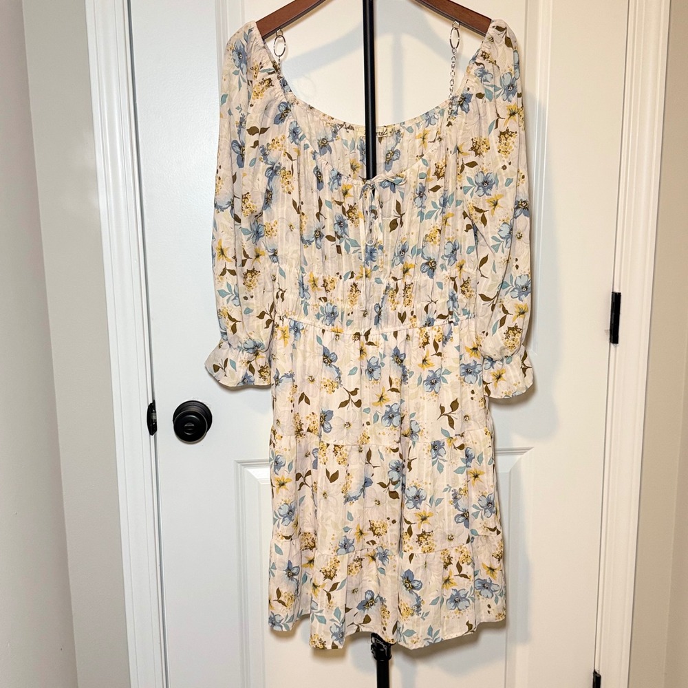 Liberty Love Floral Mini Dress XL Blue Yellow Cottagecore Smocked Tiered Ruffle